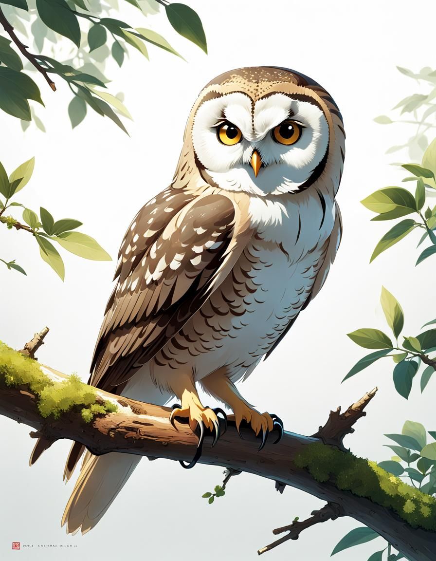 Anime Owl Portrait on Branch in 3D Realism