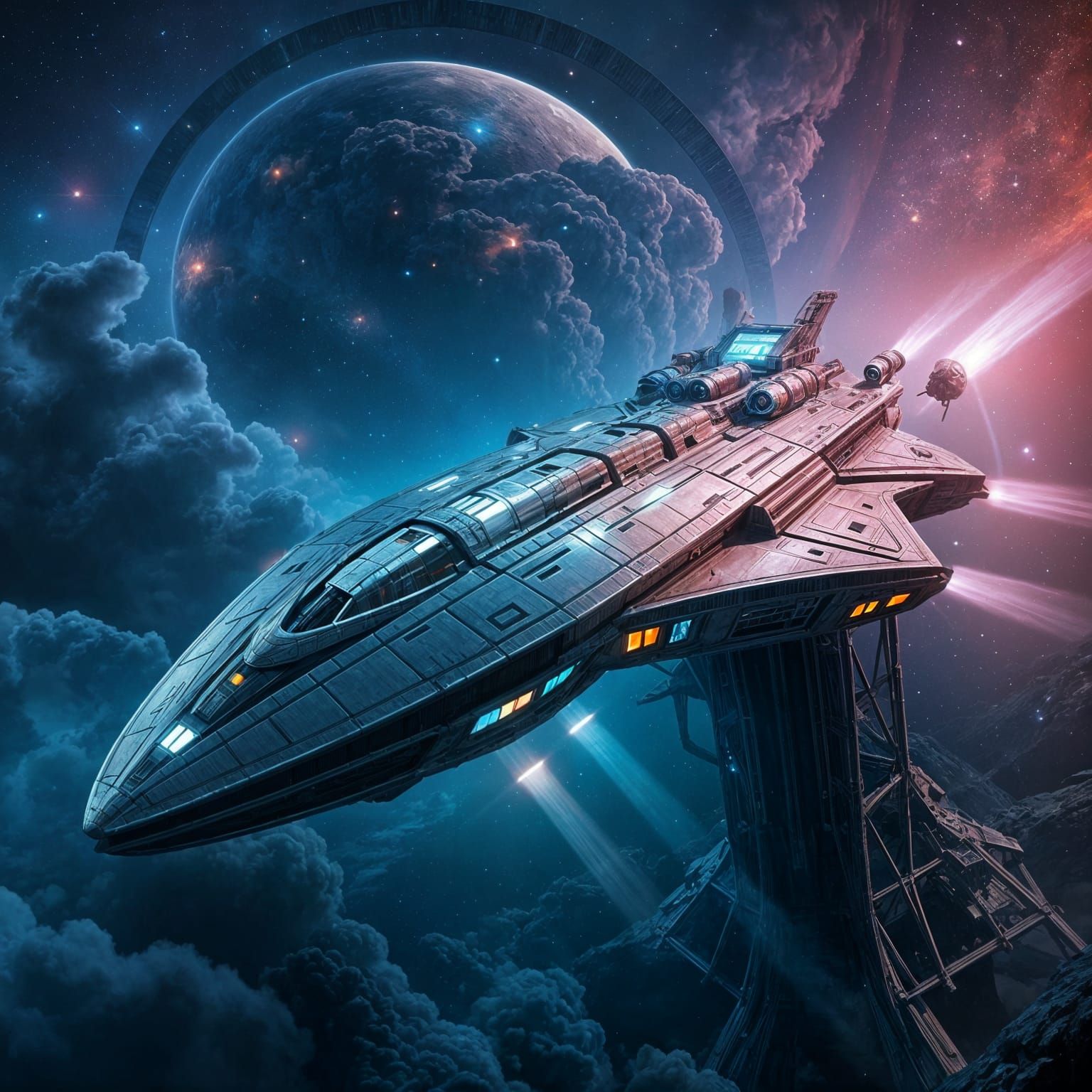 Epic Sci-Fi Spaceship Dominates Cosmic Landscape