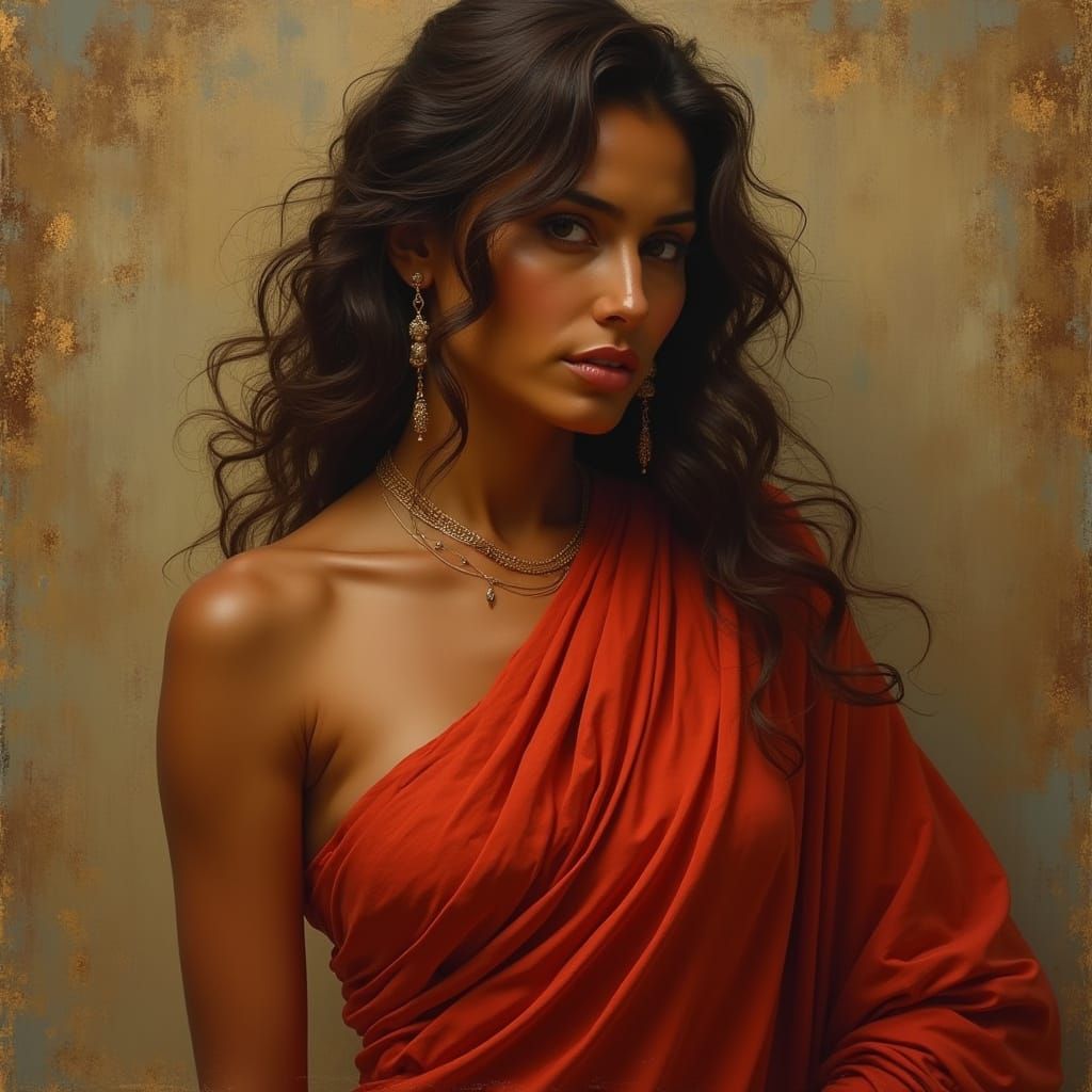 Confident Woman in Red Saree: Art Nouveau Style