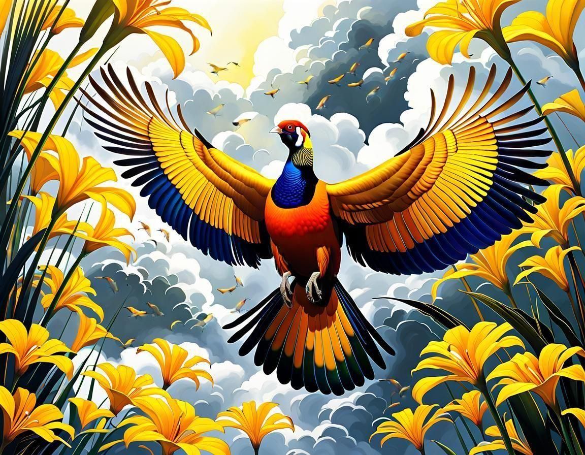 Golden Pheasant Above the Lillies