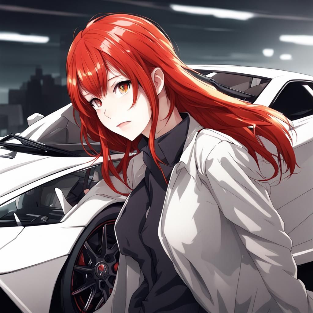 Red-Haired Girl with Supercar in Anime Style