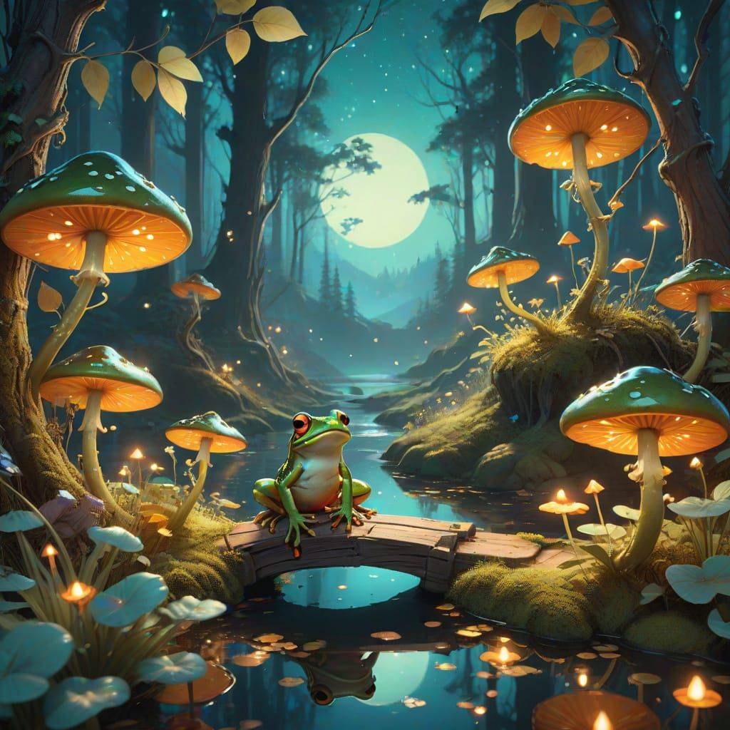 Whimsical Frog Prince Soars Through an Enchanted Nighttime F...
