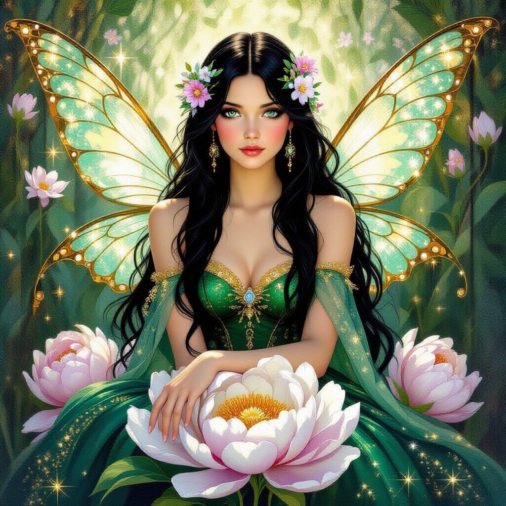 Fairy on Glass Peony Oil Painting in Klimt Style