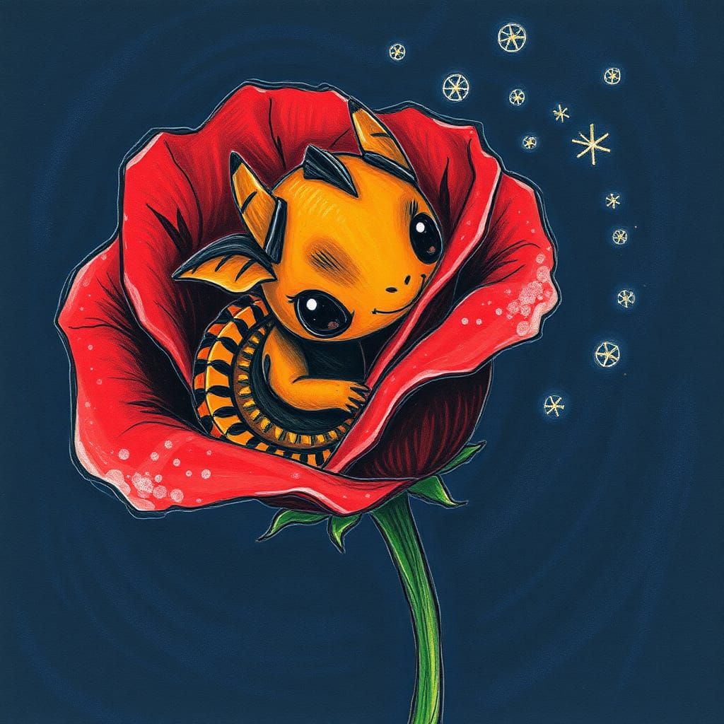 Baby Dragon in Halloween Rose: Crayon-Style Illustration