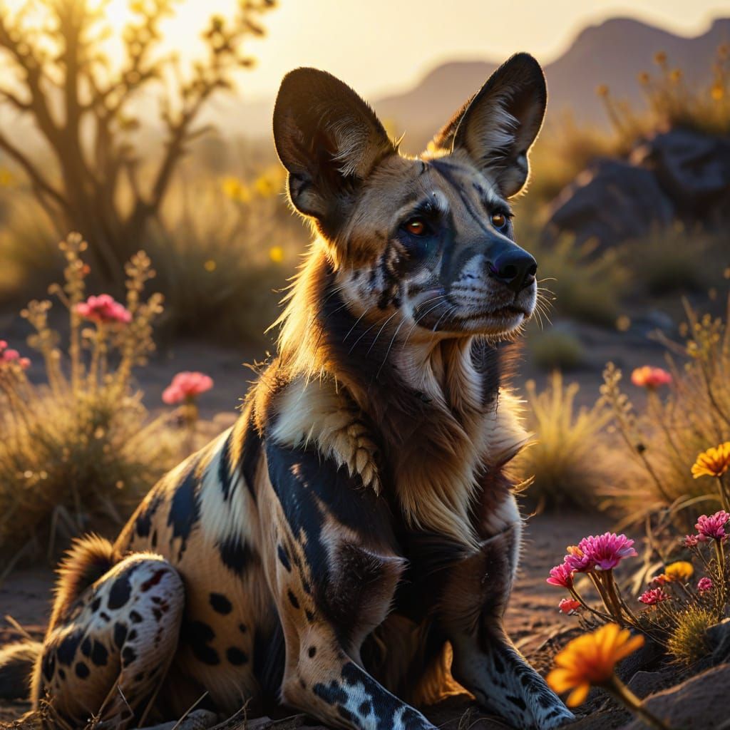 African Wild Dog in Desert, Hyper-Realistic Photo
