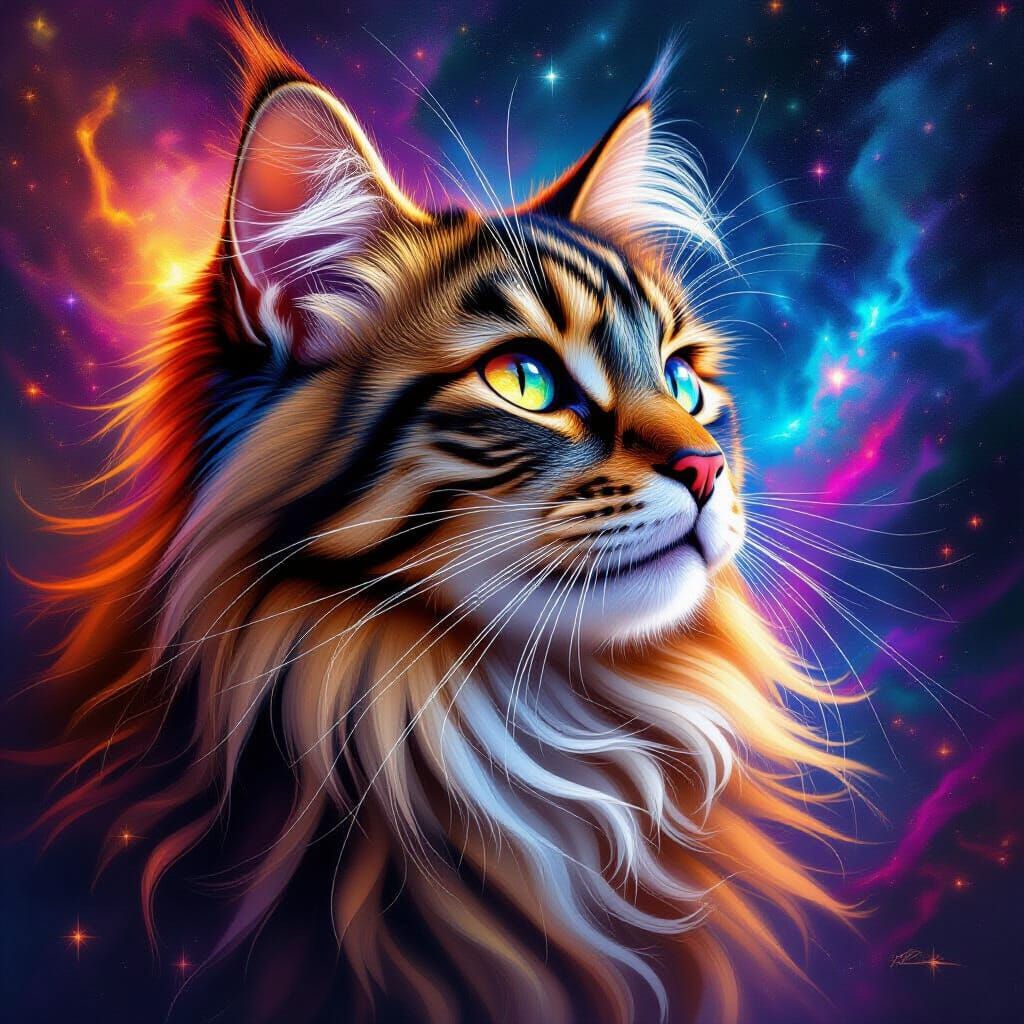 Majestic Cat in Dramatic Chiaroscuro Cosmic Illustration