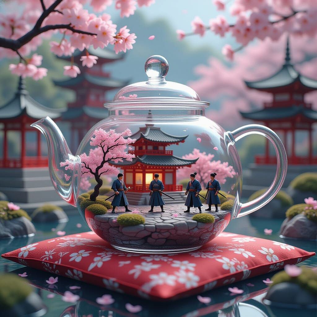 Miniature Samurai Village in Glass Teapot, 3D Render