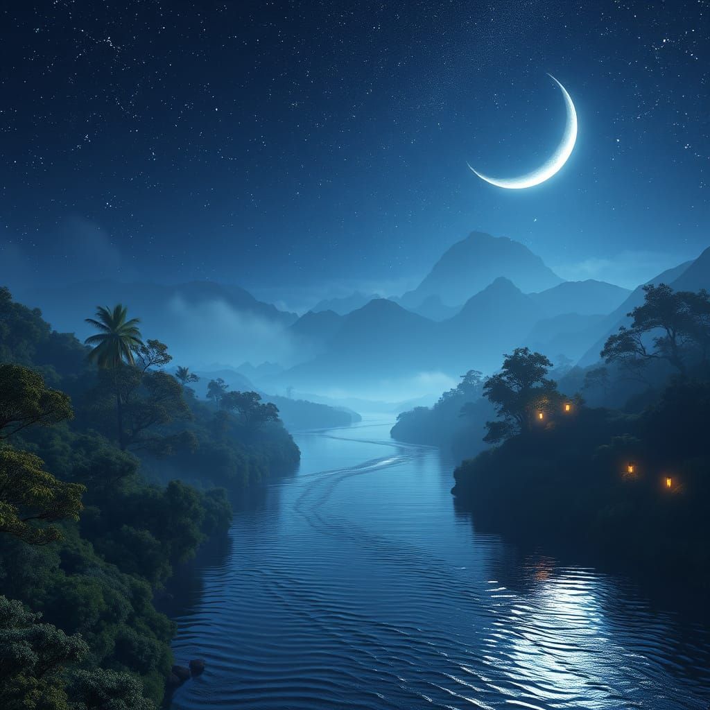 Mystical Night Sky Over a Serene River Landscape