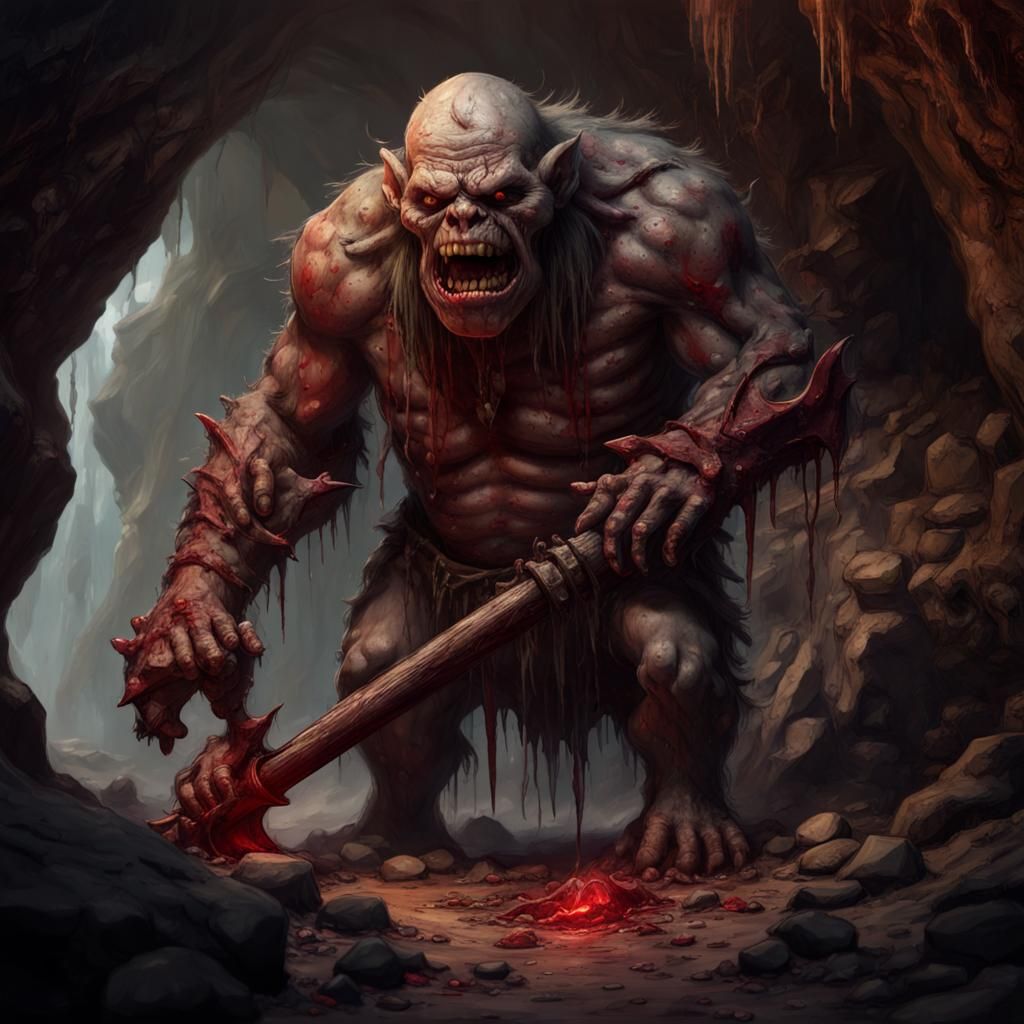 Scary Cave Troll with Spiked Club in Detailed Painting