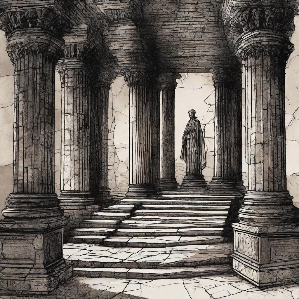 Gothic Figure Amidst Ancient Stone Pillars