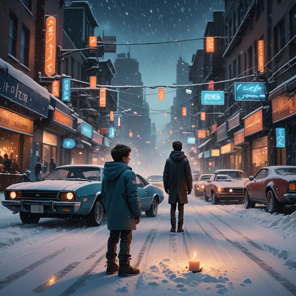 Boy with Candle on Futuristic Snowy Road