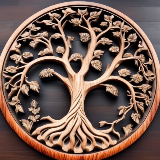 Intricate Tree of Life Carving on Wood Plaque