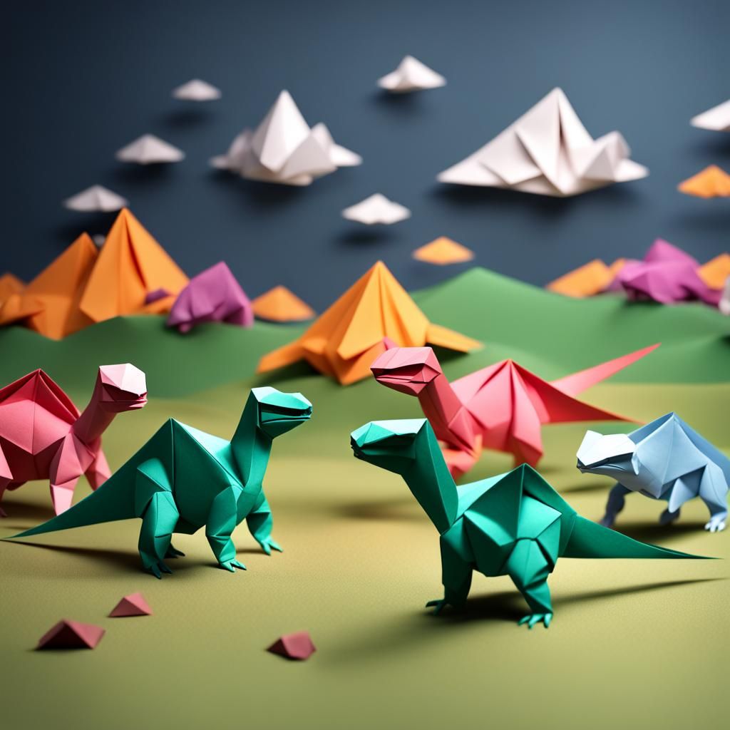 Dinosaurs and Asteroid in Origami Papercraft Style