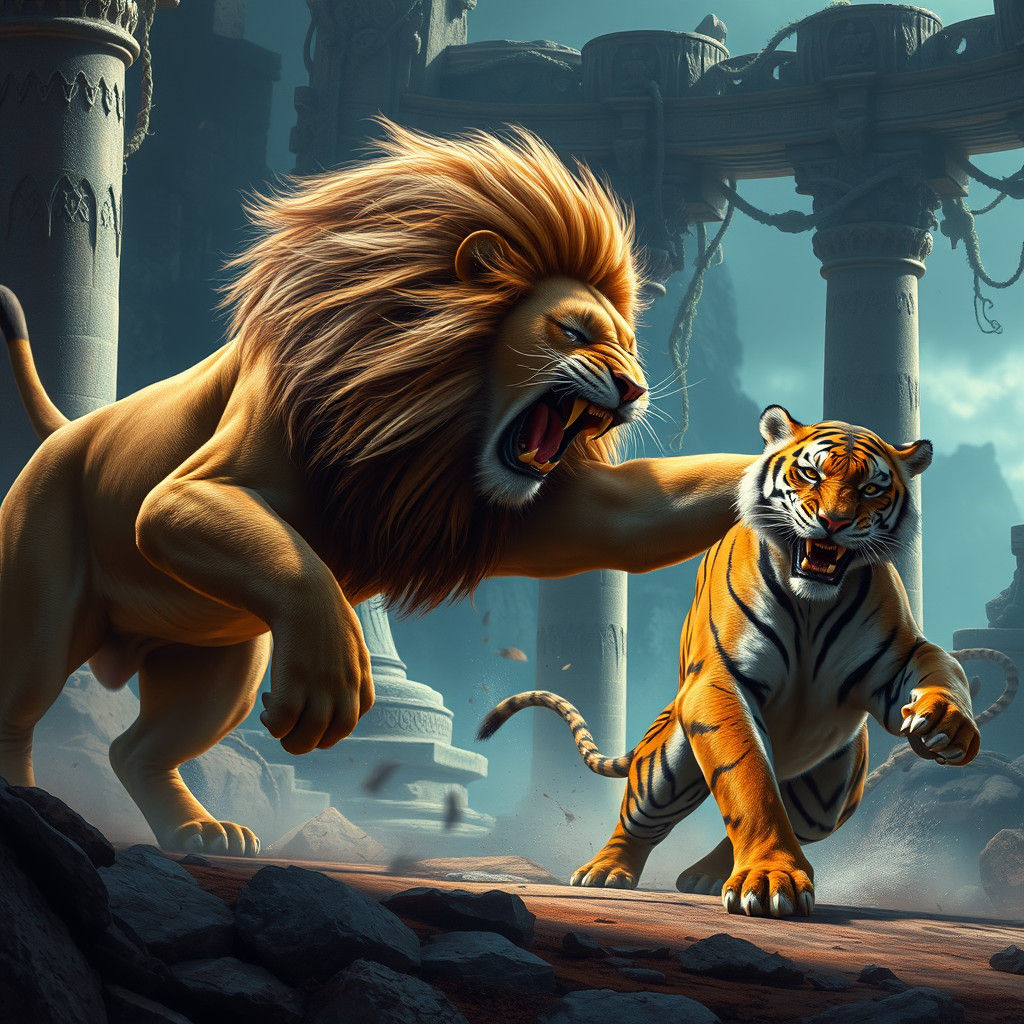 Lion's Fury: Hyper-Realistic Battle in Ancient Ruins