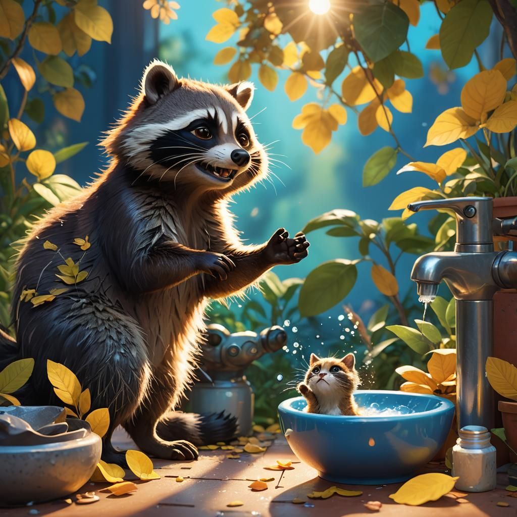 Raccoon and Cat Wash Up: Disney Pixar Concept Art
