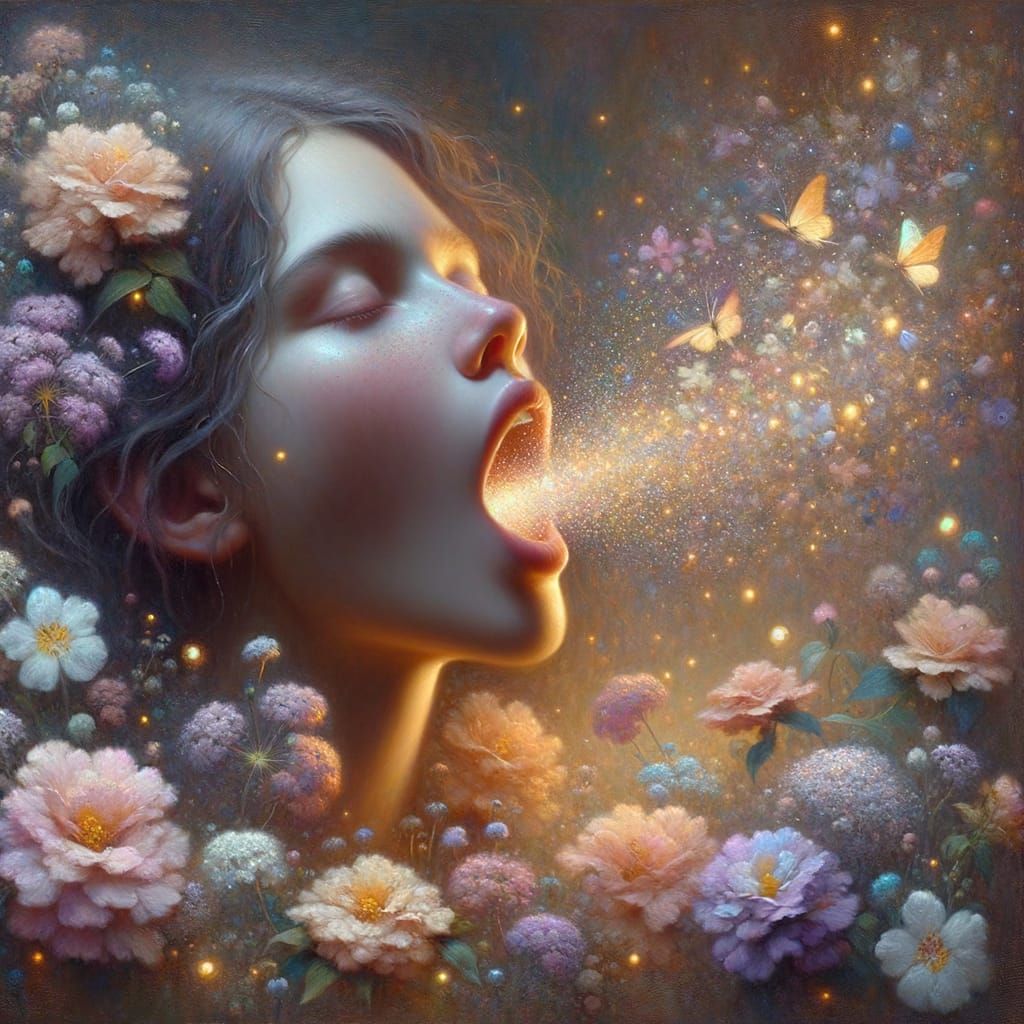 Ethereal Woman Yawning Reveals Miniature Garden