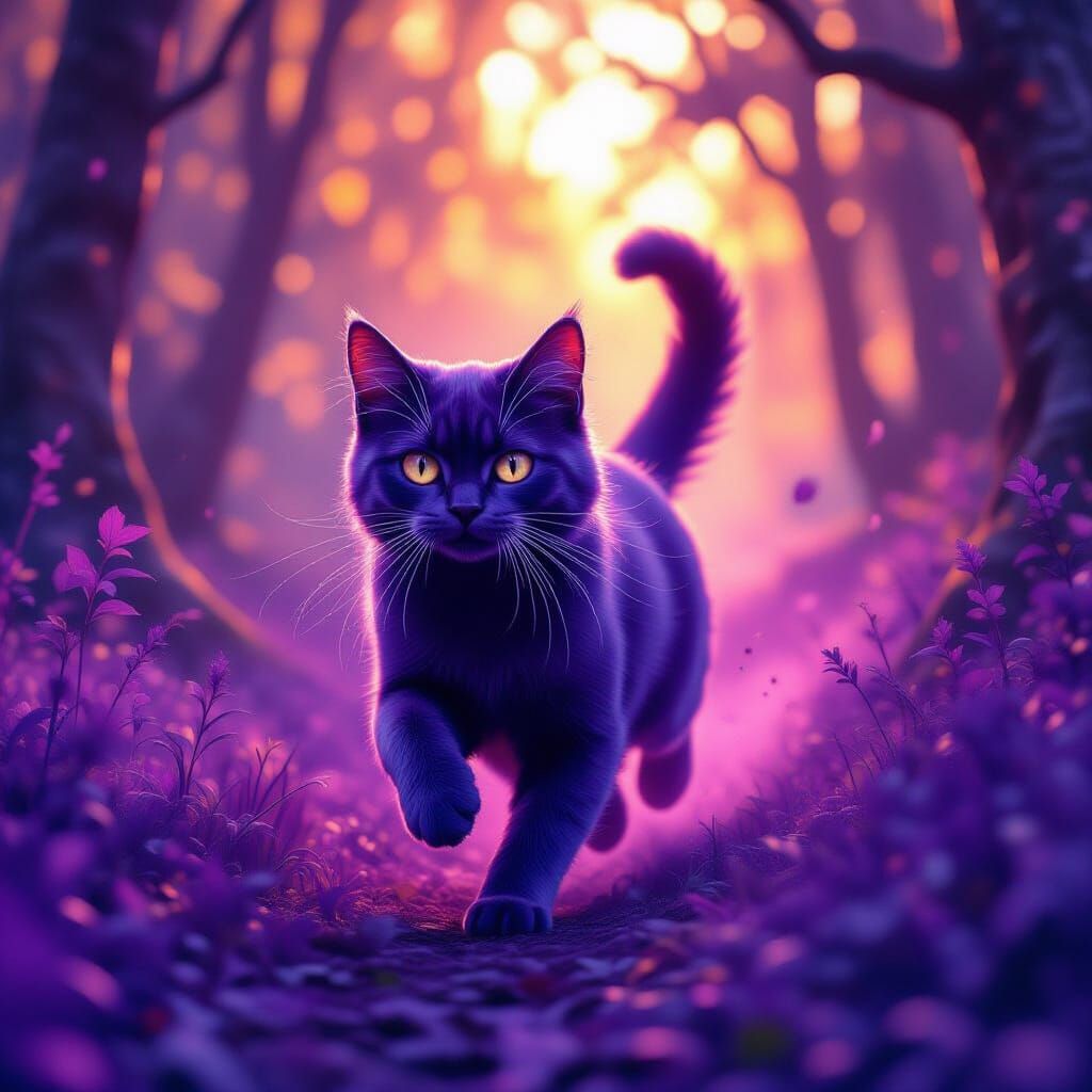 Purple Cat Runs Through Dark Fantasy World