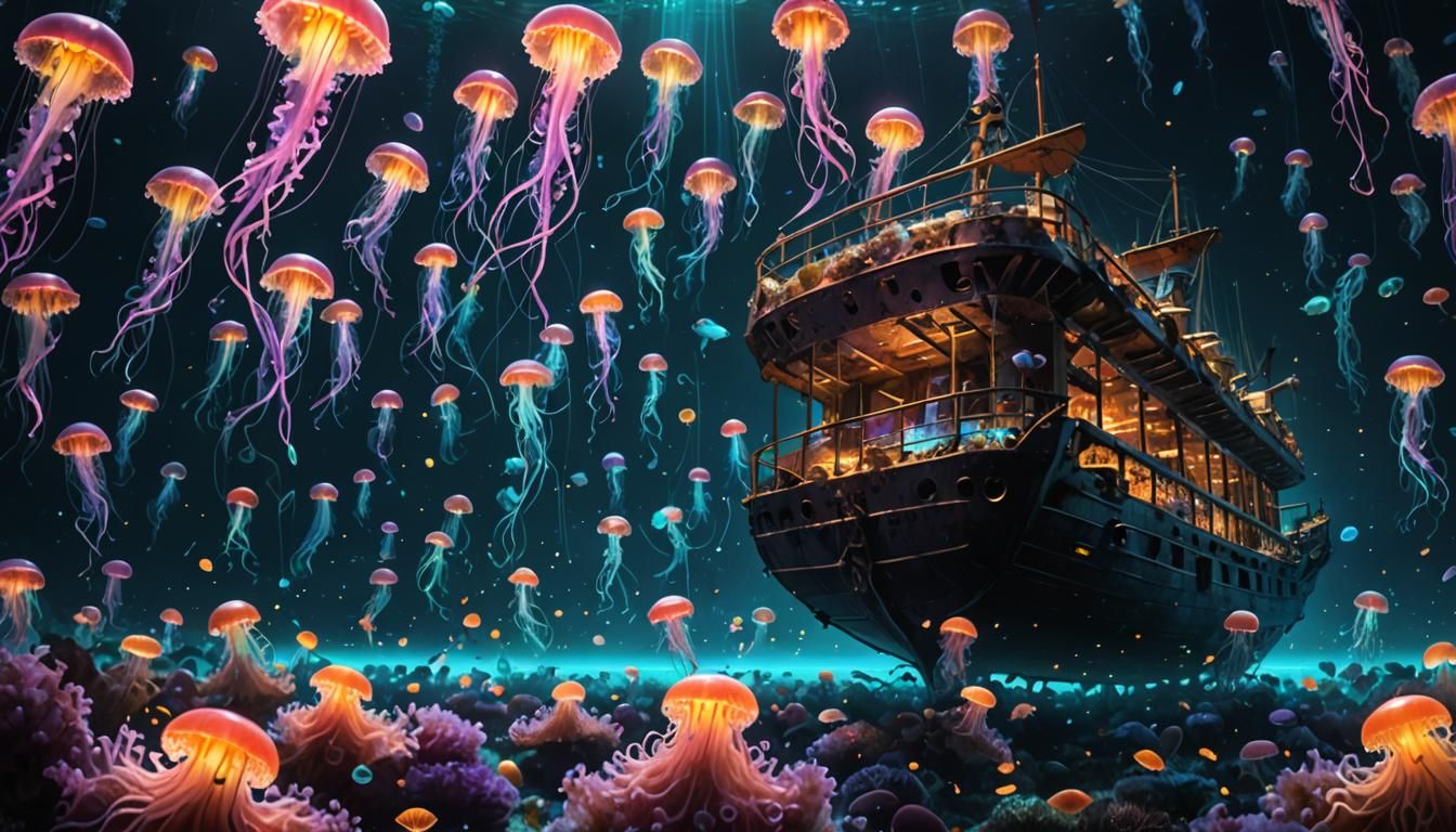 Neon Jellyfish Swarm Around Sunken Crystal Ship