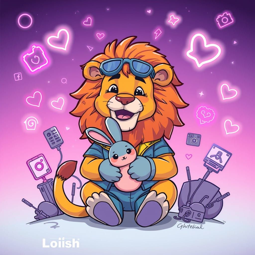 Vibrant Cartoon Lion Cradles Cute Rabbit in Dreamlike Settin...