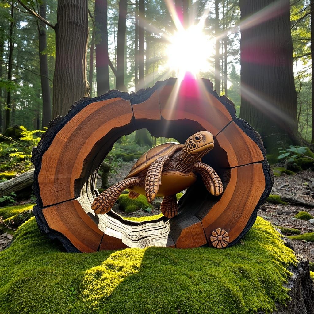 Ornate wooden turtle sculpture of see turtle swimming out of...