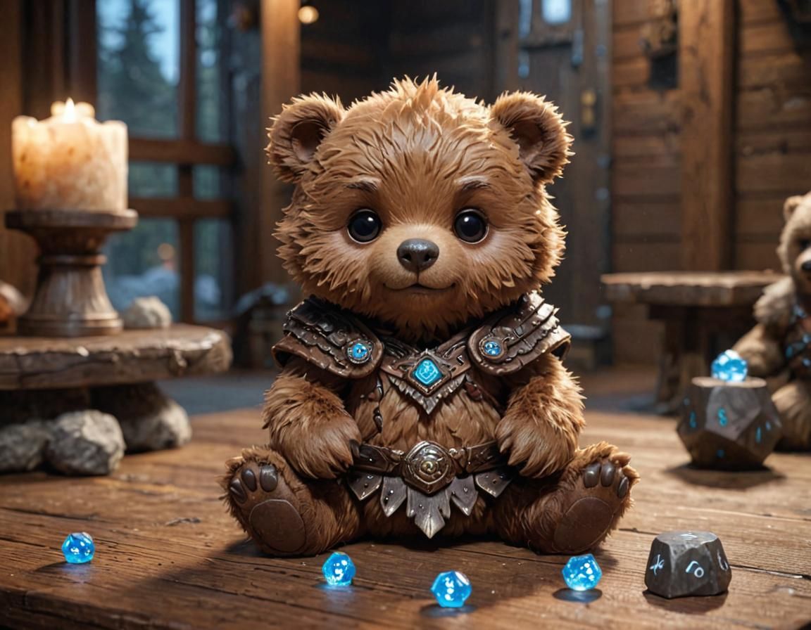 Chibi Brown Bear Barbarian with Bioluminescent Die