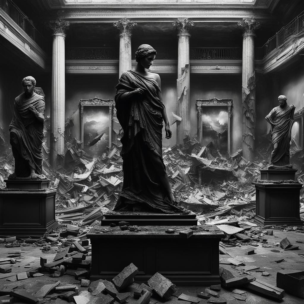 Damaged Art Gallery with Goth Model in Black and White