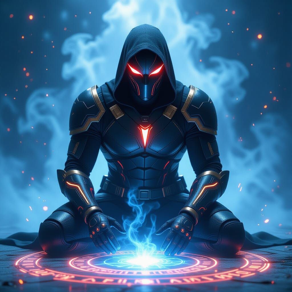 Masked Hero Kneeling in Summoning Circle