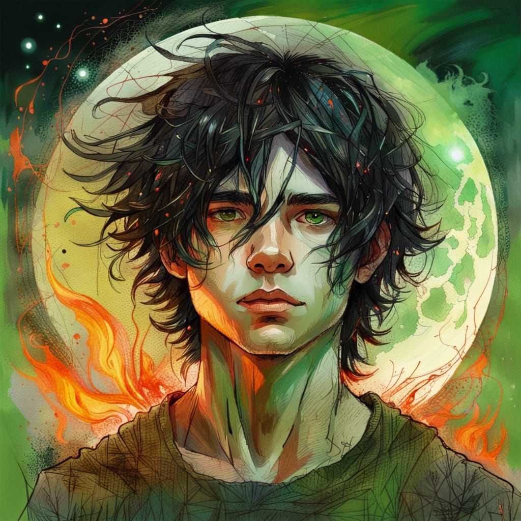 Fiery Haired Boy in Mystical Landscape Illustration