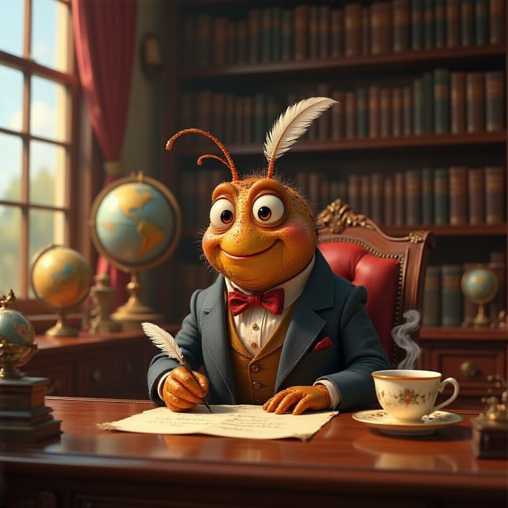 Whimsical Caterpillar Scholar in Cozy Study