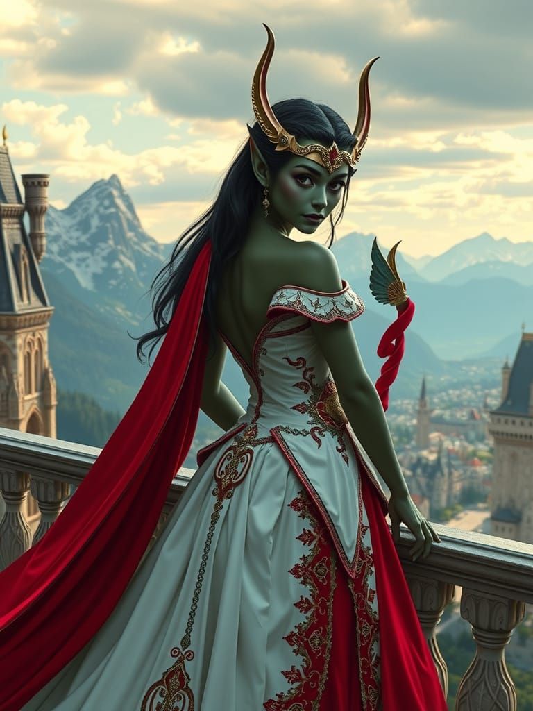 Alien Elf Princess in Resplendent Gown on Castle Balcony