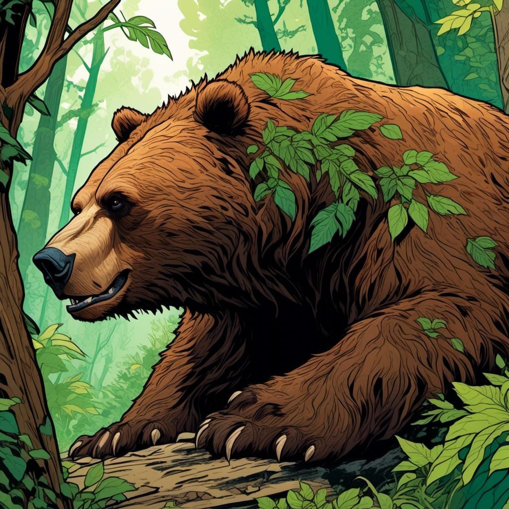 Cave Bear in Lush Forest: Fantasy Illustration