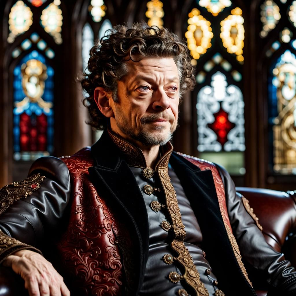 Man in Elizabethan Garb on Leather Sofa