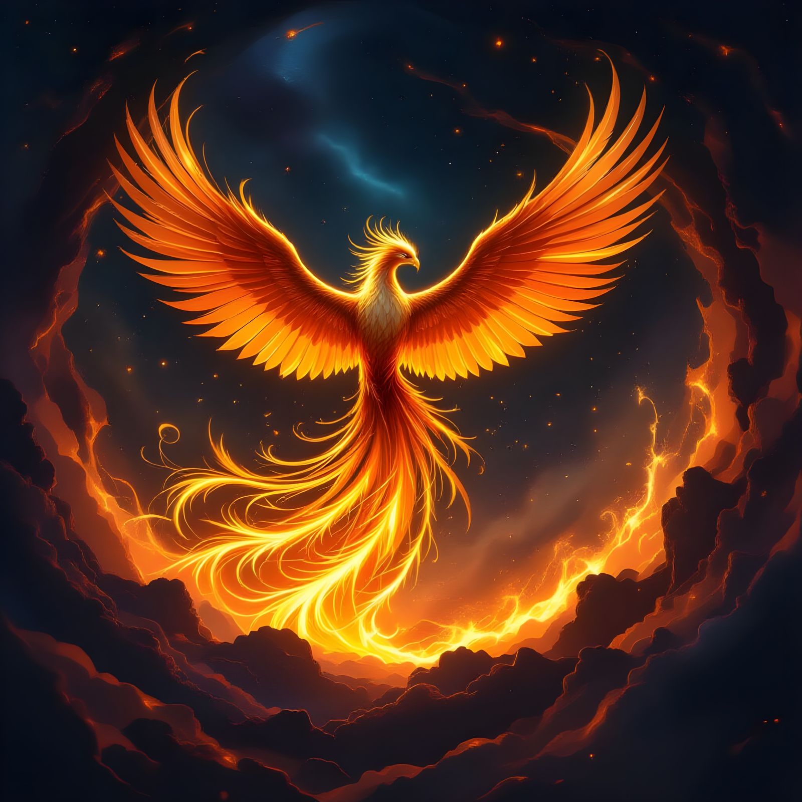 Majestic Phoenix Rises From Molten Gold Vortex