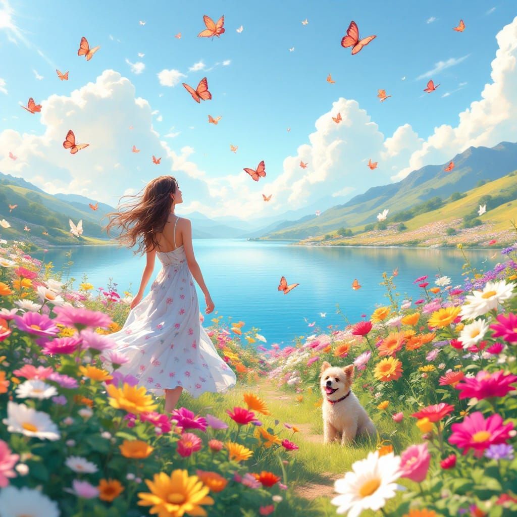 Carefree Woman and Dog in Pastel Anime Field
