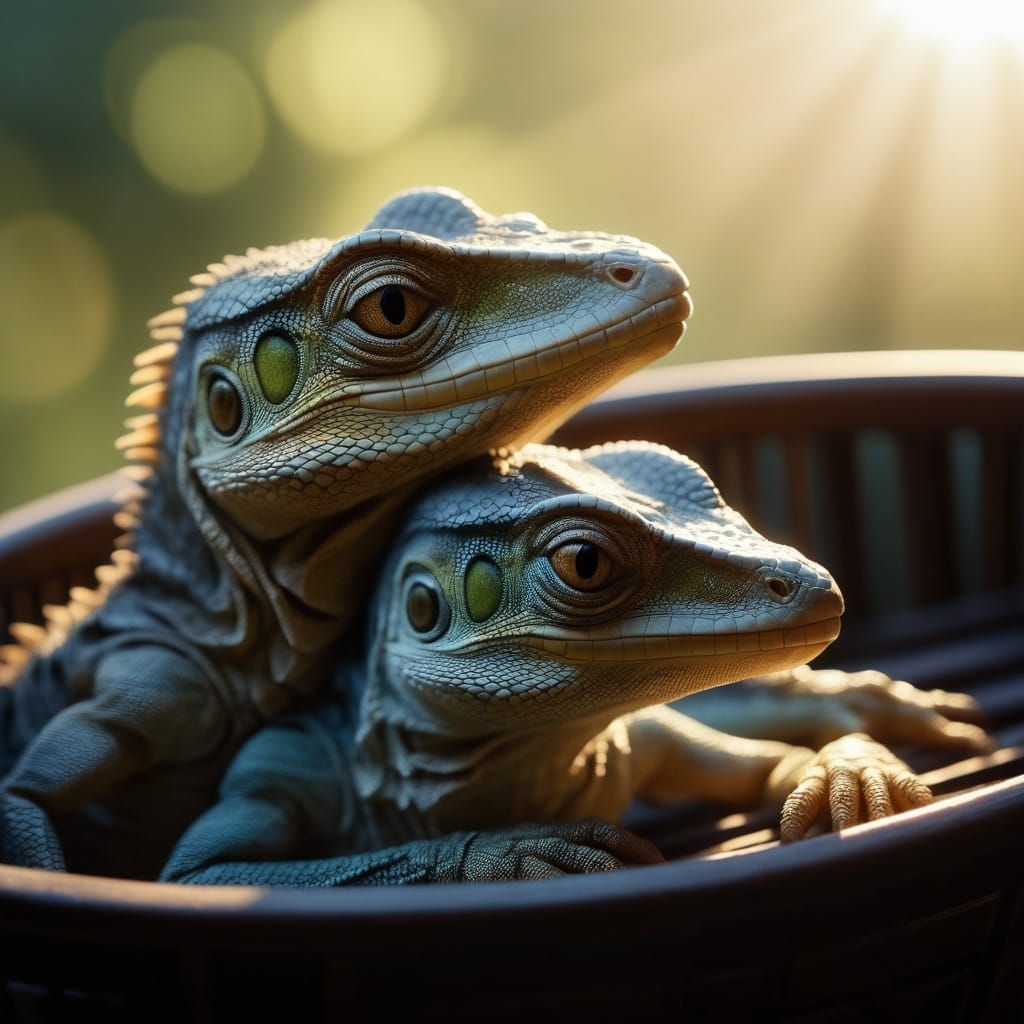 Baby Lizard and Velociraptor Snuggle in Warm Golden Light