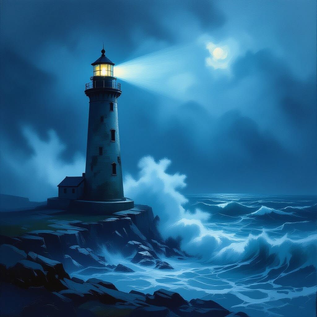 Ancient Lighthouse in Stormy Seas, Impasto Painting