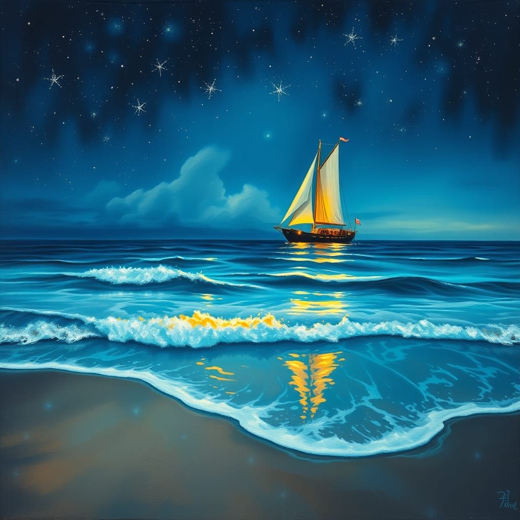 Enchanted Nocturnal Beach Scene with Bioluminescent Waves an...