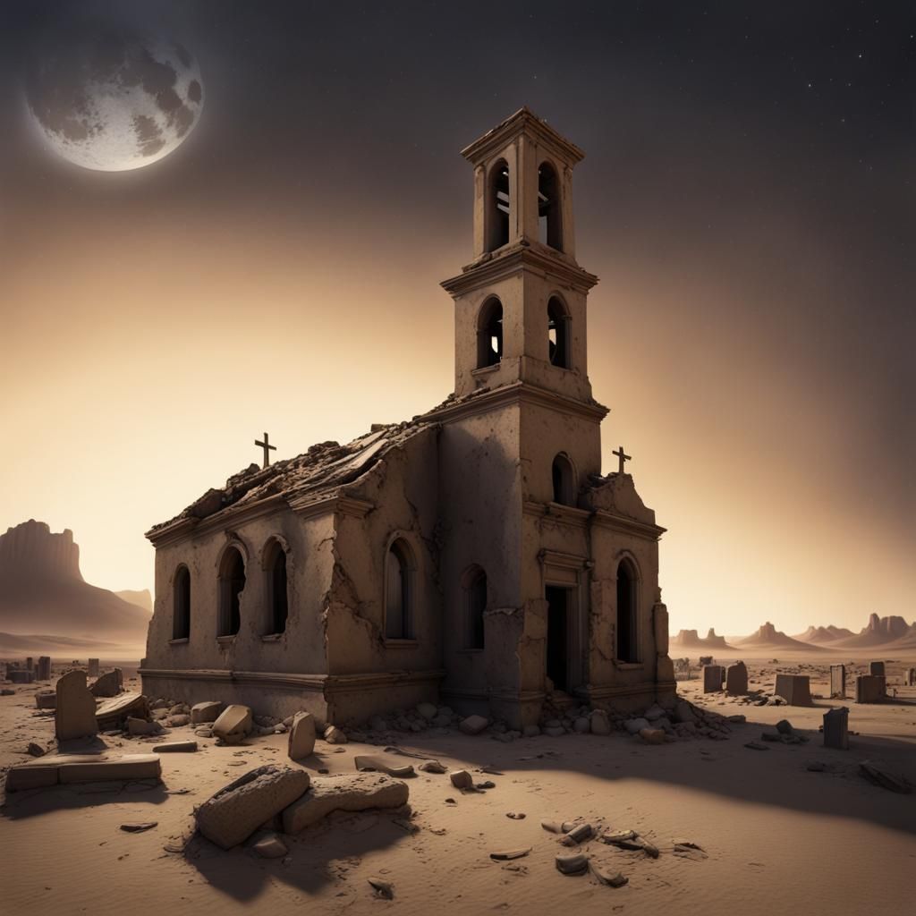 Abandoned Desert Church and Graveyard at Night