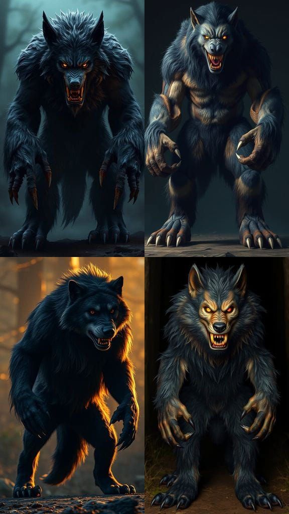 Wolf-Man in Aggressive Posture with Menacing Yellow Eyes