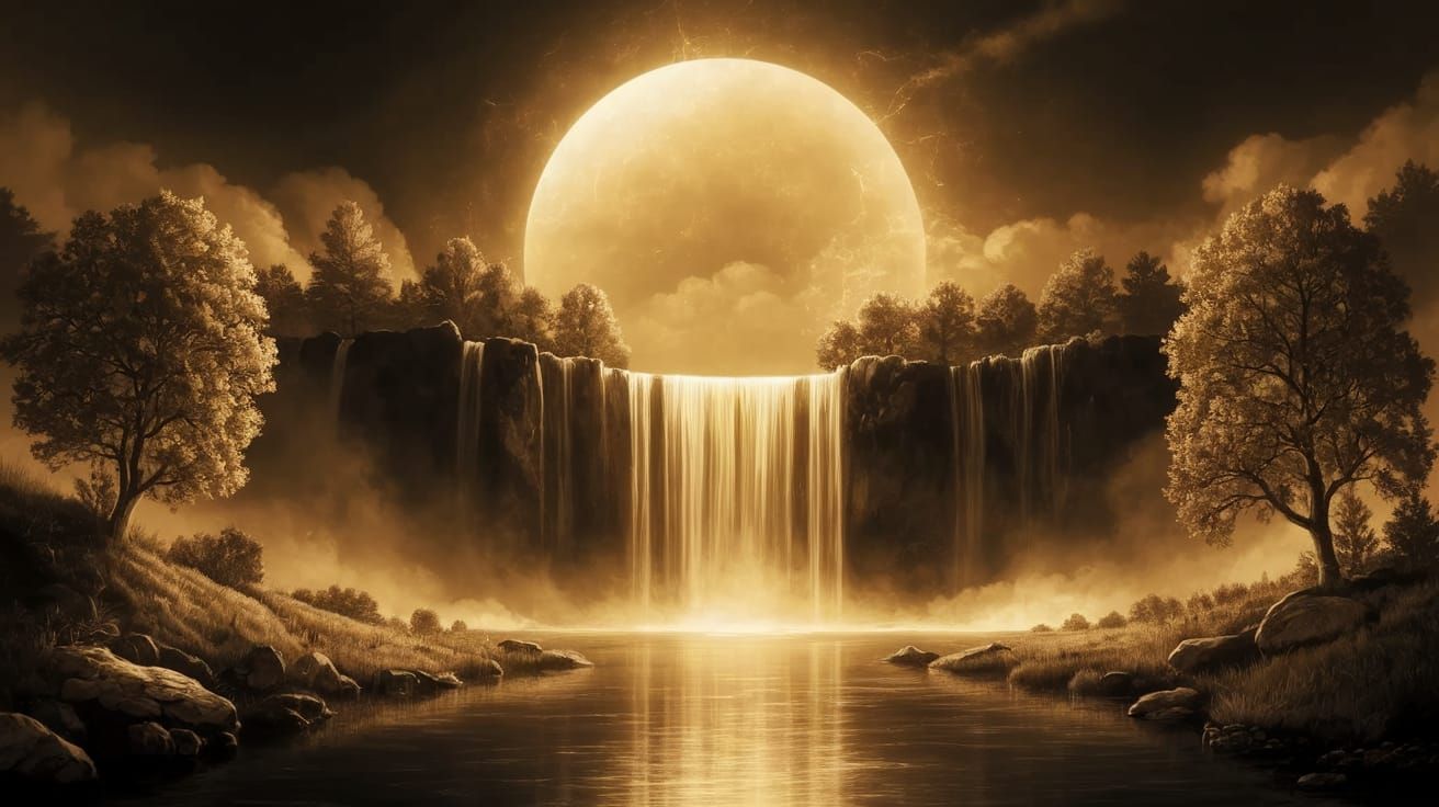 Ethereal Golden Landscape with Glowing Circle and Tranquil W...