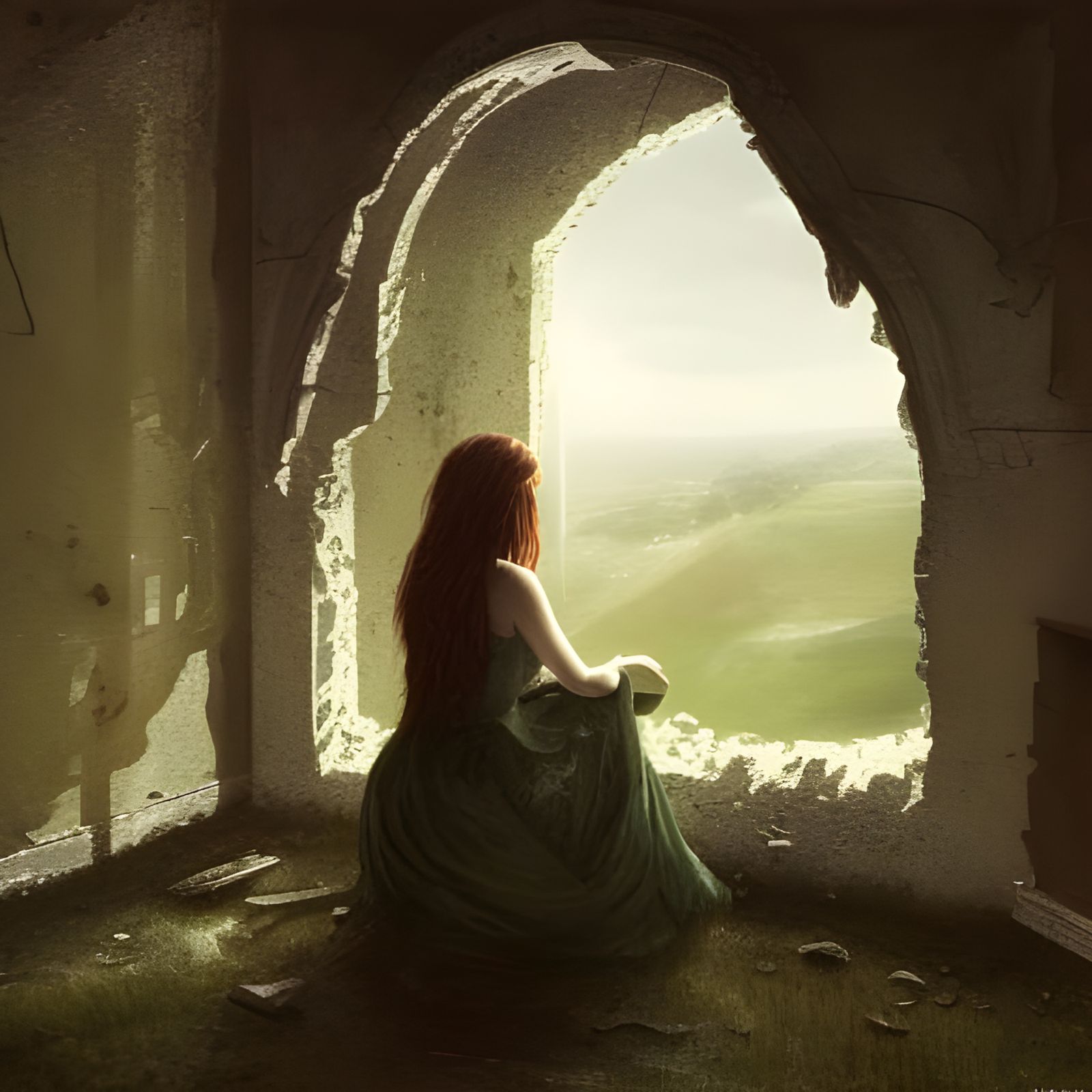 Sad Woman Weeping in Ruined Castle: Dark Fantasy