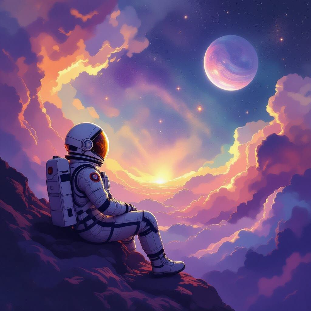Astronaut Adrift in Nebula, Gazing at Ethereal Planet