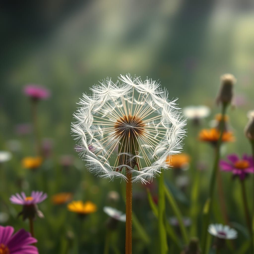 Hyperrealistic Dandelion Seedhead in Misty Meadow