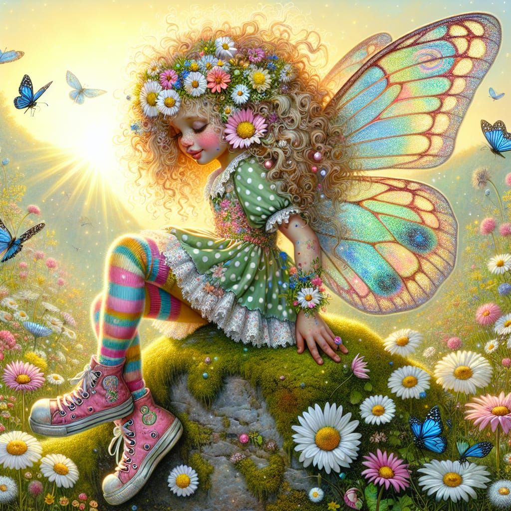 Vibrant Fairy in Sun-Drenched Meadow