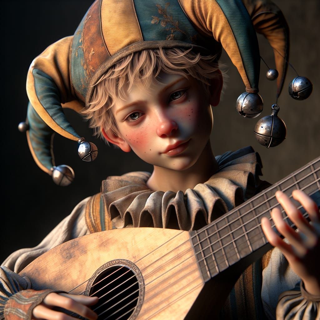 Young Jester Plays Lute With Playful Aura