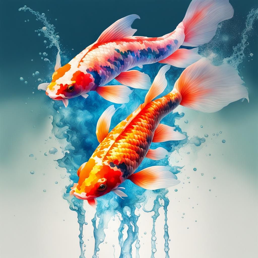 Koi Fountain Double Exposure Portrait in Splash Art