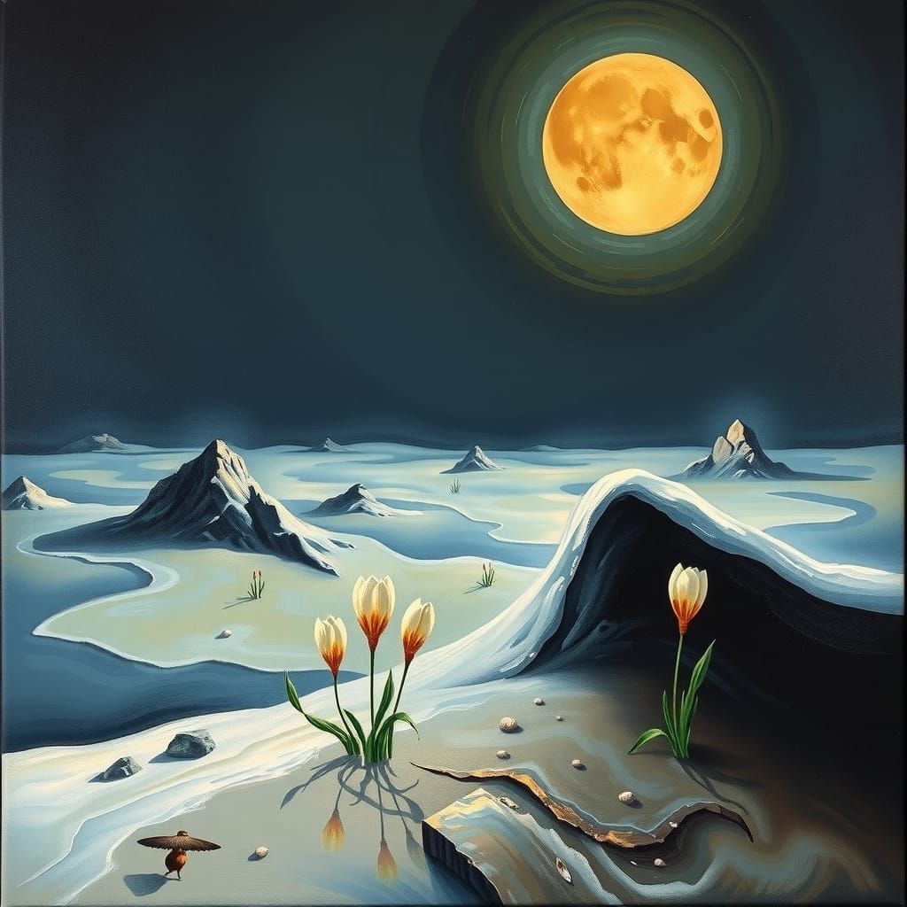 Surreal Arctic Sea Under Wintry Moon, Salvador Dali Style