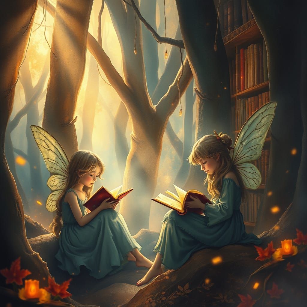 Fairies Reading in Ancient Forest Library, Watercolor Style