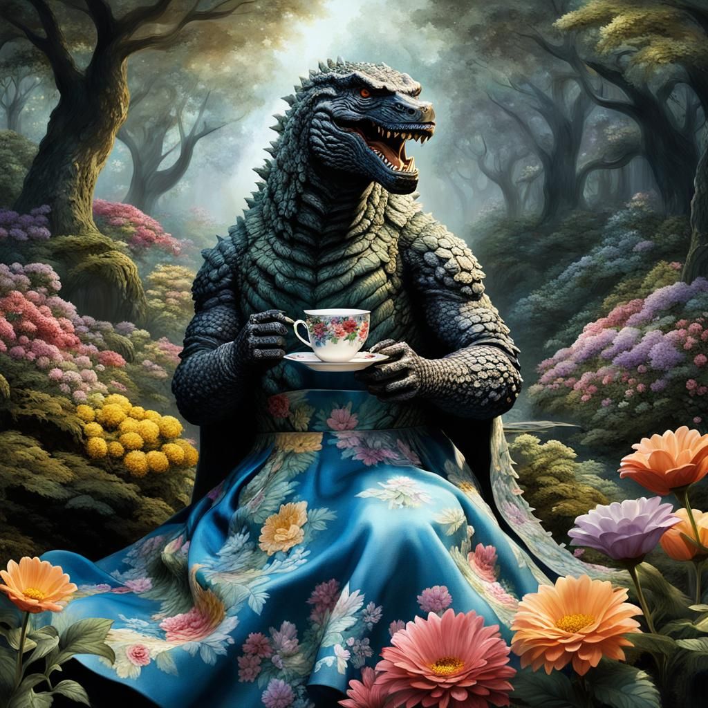 Godzilla's Tea Party in Fantasy Forest: Romantic Oil Paintin...
