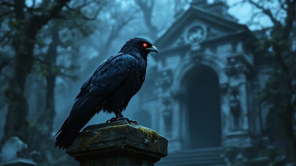 Majestic Black Falcon Watches Over Haunted Mausoleum